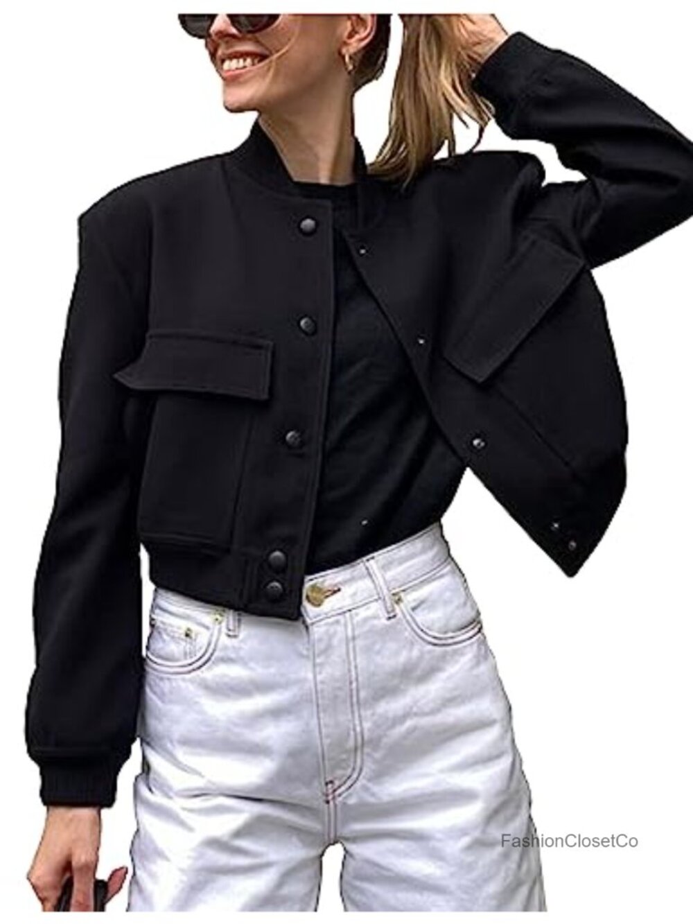Women's Cropped Bomber Jacket Button Down Varsity Jacket